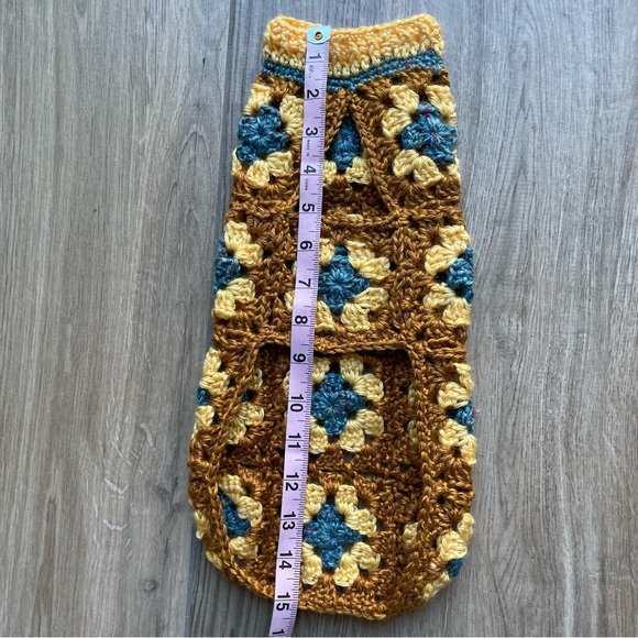 Dog Sweater Extra Small Long Body Gold Blue Crochet Handmade Knit Chihuahua - Picture 5 of 11